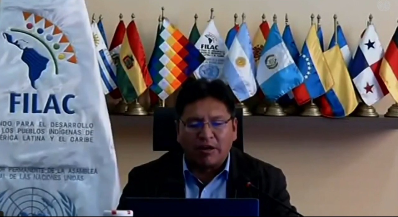 Freddy Mamani durante su intervención en la 21ra, Sesión del Foro Permanente para las Cuestiones Indígenas de las Naciones Unidas.