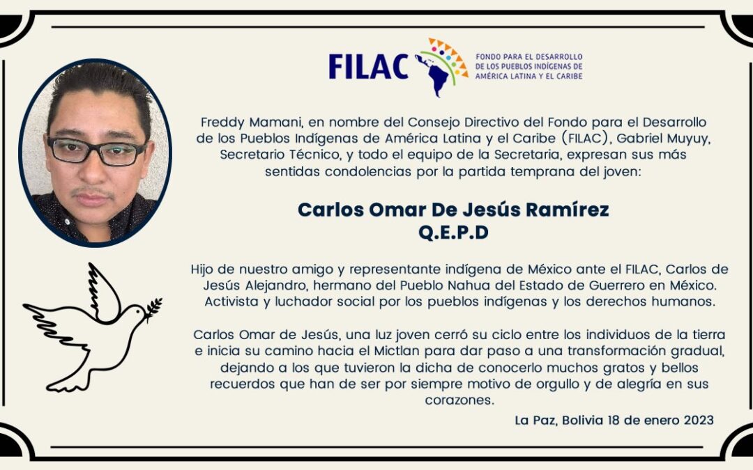 FILAC expresa sus condolencias por la partida del joven Carlos Omar de Jesús Ramírez